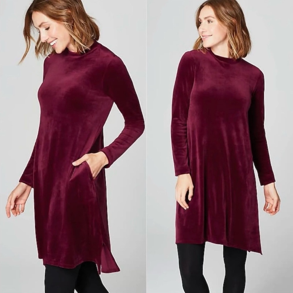 Pure‎ Jill Women's Burgundy Velour Long Sleeve Shift Dress Mock Neck Size XL